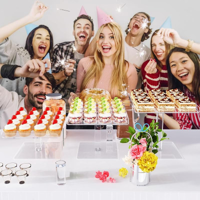 3 Tier Acrylic Serving Tray, Display Stand for Fruits Cupcakes, Catering and Buffet Table Presentations, Reusable Tiered Platters, Clear - Square - 23.2L x 23.2W cm