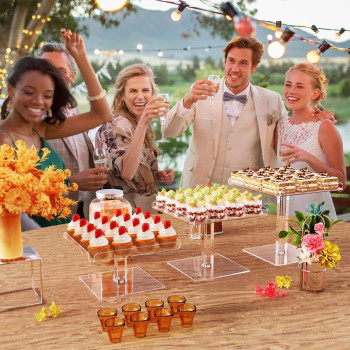3 Tier Acrylic Serving Tray, Display Stand for Fruits Cupcakes, Catering and Buffet Table Presentations, Reusable Tiered Platters, Clear - Square - 23.2L x 23.2W cm