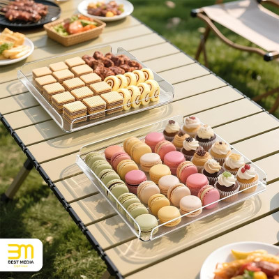 Acrylic Serving Trays, Heavy Duty Clear Square Platters for Buffet Table Food Dessert Cupcake Cookies Snacks, Stackable Display Trays for Parties and Events, Transparent - 4 Pcs