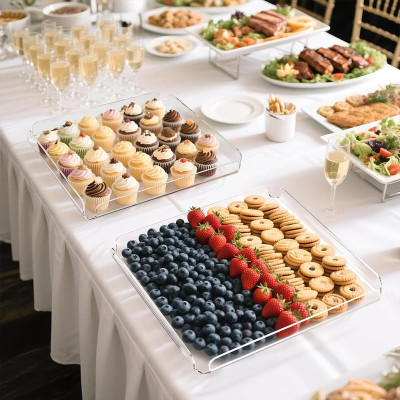Acrylic Serving Trays, Heavy Duty Clear Square Platters for Buffet Table Food Dessert Cupcake Cookies Snacks, Stackable Display Trays for Parties and Events, Transparent - 4 Pcs
