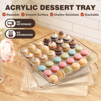 Acrylic Serving Trays, Heavy Duty Clear Square Platters for Buffet Table Food Dessert Cupcake Cookies Snacks, Stackable Display Trays for Parties and Events, Transparent - 4 Pcs
