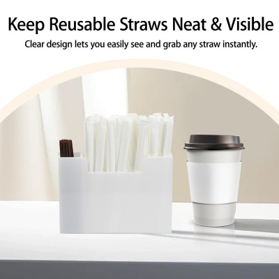 Acrylic Straw Holder, 5 Slot Straw Dispenser Organizer with Countertop or Cabinet Installation, Straw Storage Rack for Kitchen Café Bar, Space Saving Clear Organizer - White