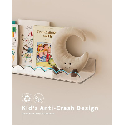 4 Pack Clear 40 cm Acrylic Book Shelf for Kids Room, Floating Kids Book Shelves for Wall, Nursery Book Shelves, Magazine Rack, Picture Ledge - Clear, 40 cm