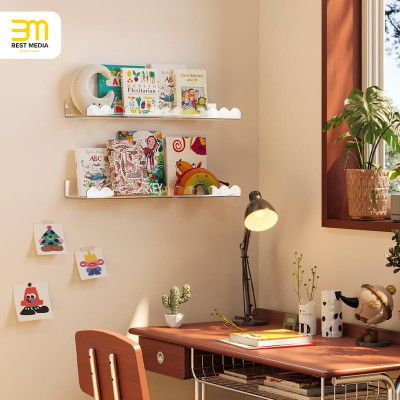 4 Pack Clear 40 cm Acrylic Book Shelf for Kids Room, Floating Kids Book Shelves for Wall, Nursery Book Shelves, Magazine Rack, Picture Ledge - Clear, 40 cm