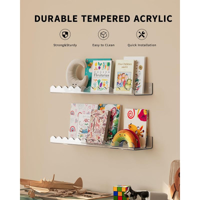 4 Pack Clear 40 cm Acrylic Book Shelf for Kids Room, Floating Kids Book Shelves for Wall, Nursery Book Shelves, Magazine Rack, Picture Ledge - Clear, 40 cm
