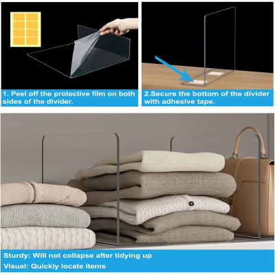 Clear Acrylic Shelf Dividers Closet Organizer, Sturdy Separators for Clothes Purses Bags Towels Home Storage Easy Install, 12 Pack, 30.5 x 30 cm
