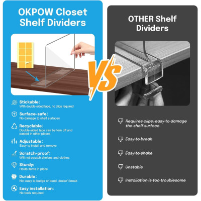 Clear Acrylic Shelf Dividers Closet Organizer, Sturdy Separators for Clothes Purses Bags Towels Home Storage Easy Install, 12 Pack, 30.5 x 30 cm