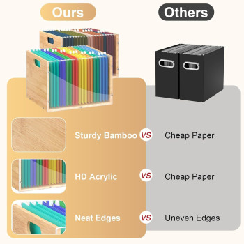 2-Pack Acrylic Bamboo File Box Organizer, Clear Hanging Folder Storage Bin with Handle for Home Office Desk Documents, Letter Size