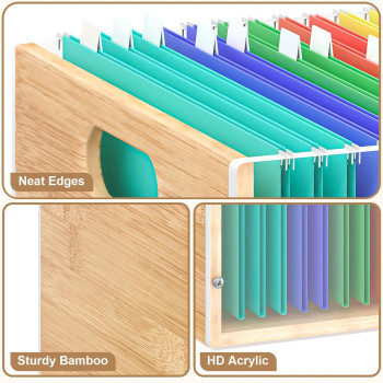 2-Pack Acrylic Bamboo File Box Organizer, Clear Hanging Folder Storage Bin with Handle for Home Office Desk Documents, Letter Size