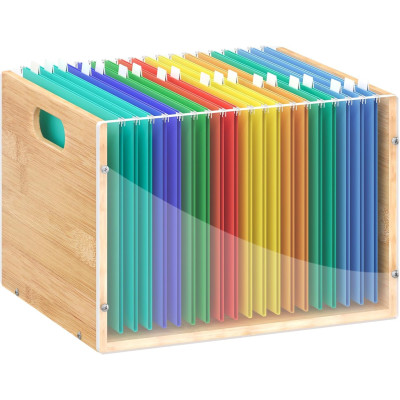 1 Pack Clear Acrylic Bamboo File Box Organizer, Hanging Folder Storage Bin Crate Holder with Handle for Home Office Desk Documents, Letter Size