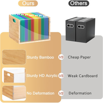 1 Pack Clear Acrylic Bamboo File Box Organizer, Hanging Folder Storage Bin Crate Holder with Handle for Home Office Desk Documents, Letter Size