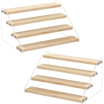 2-Pack 4-Tier Acrylic Wooden Display Stand, Clear Tiered Riser Shelf Rack Step Ladder for Cupcakes Perfumes Figures Collectibles, 30.5 cm