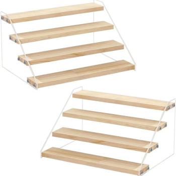 2-Pack 4-Tier Acrylic Wooden Display Stand, Clear Tiered Riser Shelf Rack Step Ladder for Cupcakes Perfumes Figures Collectibles, 30.5 cm