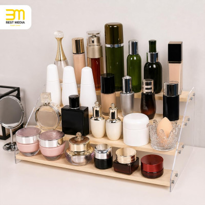 2-Pack 4-Tier Acrylic Wooden Display Stand, Clear Tiered Riser Shelf Rack Step Ladder for Cupcakes Perfumes Figures Collectibles, 30.5 cm