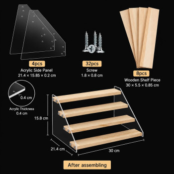 2-Pack 4-Tier Acrylic Wooden Display Stand, Clear Tiered Riser Shelf Rack Step Ladder for Cupcakes Perfumes Figures Collectibles, 30.5 cm