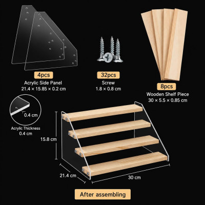 2-Pack 4-Tier Acrylic Wooden Display Stand, Clear Tiered Riser Shelf Rack Step Ladder for Cupcakes Perfumes Figures Collectibles, 30.5 cm