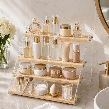 2-Pack 4-Tier Acrylic Wooden Display Stand, Clear Tiered Riser Shelf Rack Step Ladder for Cupcakes Perfumes Figures Collectibles, 30.5 cm