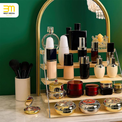 5-Tier Spice Rack Organizer, Wood Display Shelf with Clear Acrylic Sides for Cabinet Kitchen Bathroom Office Storage, 30.5 cm
