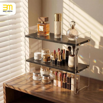2-Tier Coffee Station Organizer, Solid Wood Mug Shelf for Coffee Bar Matcha Tea Storage, Cups Syrup Beans Stirrers, Black Wood Grain, 39.1 x 14.5 x 34 cm