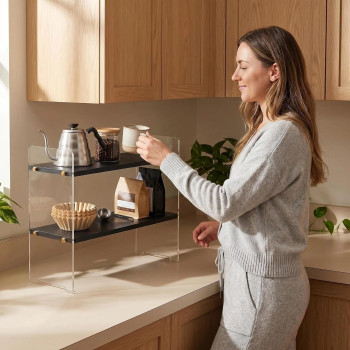 2-Tier Coffee Station Organizer, Solid Wood Mug Shelf for Coffee Bar Matcha Tea Storage, Cups Syrup Beans Stirrers, Black Wood Grain, 39.1 x 14.5 x 34 cm
