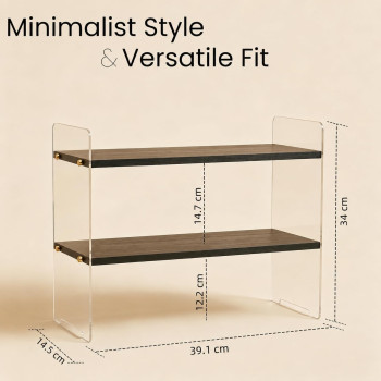 2-Tier Coffee Station Organizer, Solid Wood Mug Shelf for Coffee Bar Matcha Tea Storage, Cups Syrup Beans Stirrers, Black Wood Grain, 39.1 x 14.5 x 34 cm