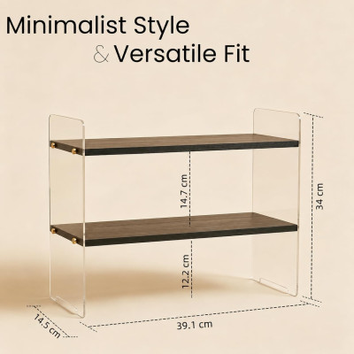 2-Tier Coffee Station Organizer, Solid Wood Mug Shelf for Coffee Bar Matcha Tea Storage, Cups Syrup Beans Stirrers, Black Wood Grain, 39.1 x 14.5 x 34 cm