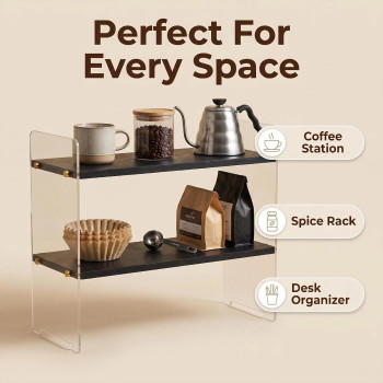 2-Tier Coffee Station Organizer, Solid Wood Mug Shelf for Coffee Bar Matcha Tea Storage, Cups Syrup Beans Stirrers, Black Wood Grain, 39.1 x 14.5 x 34 cm