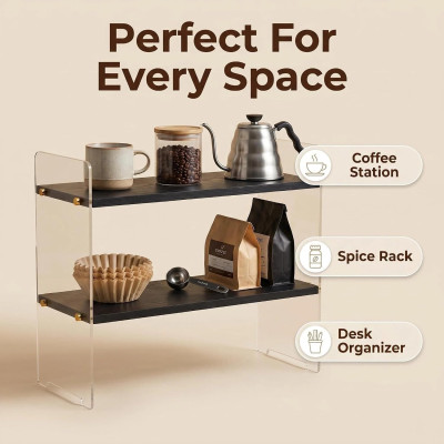 2-Tier Coffee Station Organizer, Solid Wood Mug Shelf for Coffee Bar Matcha Tea Storage, Cups Syrup Beans Stirrers, Black Wood Grain, 39.1 x 14.5 x 34 cm