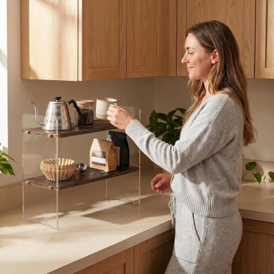 2-Tier Coffee Station Organizer, Solid Wood Mug Shelf for Coffee Bar Matcha Tea Storage, Cups Syrup Beans Stirrers, Dark Brown Wood Grain, 39.1 x 14.5 x 34 cm