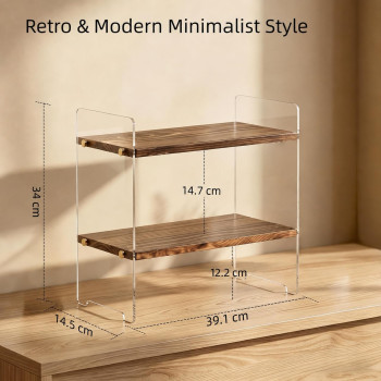 2-Tier Coffee Station Organizer, Solid Wood Mug Shelf for Coffee Bar Matcha Tea Storage, Cups Syrup Beans Stirrers, Dark Brown Wood Grain, 39.1 x 14.5 x 34 cm