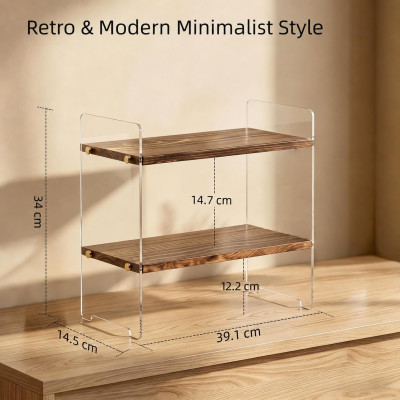 2-Tier Coffee Station Organizer, Solid Wood Mug Shelf for Coffee Bar Matcha Tea Storage, Cups Syrup Beans Stirrers, Dark Brown Wood Grain, 39.1 x 14.5 x 34 cm