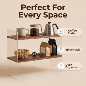 2-Tier Coffee Station Organizer, Solid Wood Mug Shelf for Coffee Bar Matcha Tea Storage, Cups Syrup Beans Stirrers, Dark Brown Wood Grain, 39.1 x 14.5 x 34 cm