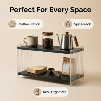 2-Tier Coffee Station Organizer, Solid Wood Mug Shelf for Coffee Bar Matcha Tea Storage, Cups Syrup Beans Stirrers, Black, 39.1 x 14.5 x 20.8 cm