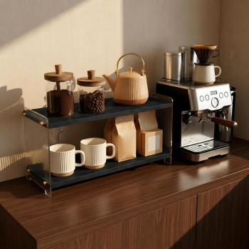 2-Tier Coffee Station Organizer, Solid Wood Mug Shelf for Coffee Bar Matcha Tea Storage, Cups Syrup Beans Stirrers, Black, 39.1 x 14.5 x 20.8 cm