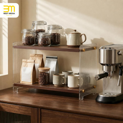 2-Tier Coffee Station Organizer, Solid Wood Mug Shelf for Coffee Bar Matcha Tea Storage, Cups Syrup Beans Stirrers, Dark Brown Wood Grain, 39.1 x 14.5 x 20.8 cm