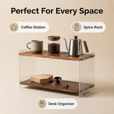 2-Tier Coffee Station Organizer, Solid Wood Mug Shelf for Coffee Bar Matcha Tea Storage, Cups Syrup Beans Stirrers, Dark Brown Wood Grain, 39.1 x 14.5 x 20.8 cm