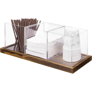 Coffee and Tea Station Organizer, 3 Removable Clear Acrylic Compartments with Solid Wood Decorative Tray, 4 Piece Set for Cups Bags Pods