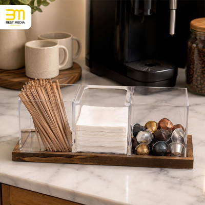 Coffee and Tea Station Organizer, 3 Removable Clear Acrylic Compartments with Solid Wood Decorative Tray, 4 Piece Set for Cups Bags Pods
