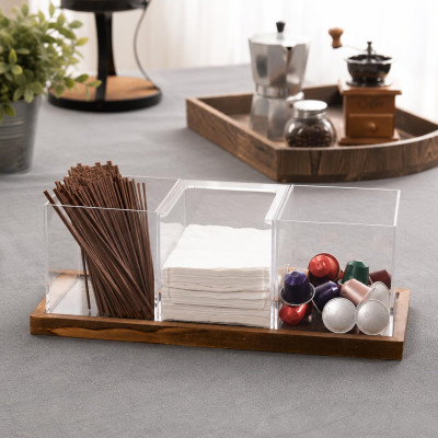 Coffee and Tea Station Organizer, 3 Removable Clear Acrylic Compartments with Solid Wood Decorative Tray, 4 Piece Set for Cups Bags Pods