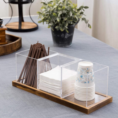 Coffee and Tea Station Organizer, 3 Removable Clear Acrylic Compartments with Solid Wood Decorative Tray, 4 Piece Set for Cups Bags Pods