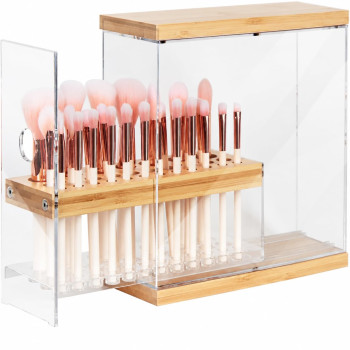 Acrylic Bamboo Makeup Brush Holder Organizer, 29 Holes Cosmetic Display Stand with Transparent Drawer, Beauty Counter Storage, 22.3 x 8.6 x 21.5 cm