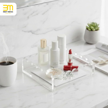 Clear Acrylic Scalloped Tray with Magnetic Photo Mat, Customizable Vanity Organizer and Home Decor, 20.3 × 20.3 cm