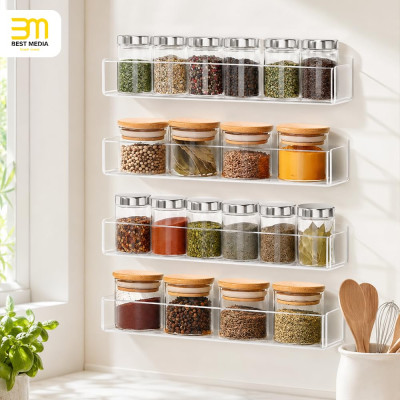Clear Acrylic Spice Rack Wall Mount, Hanging Seasoning Shelf Holder for Cabinet Door, Cupboard or Kitchen, Adhesive or Screw, 4 Pack, 30.5 cm