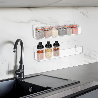 Clear Acrylic Spice Rack Wall Mount, Hanging Seasoning Shelf Holder for Cabinet Door, Cupboard or Kitchen, Adhesive or Screw, 4 Pack, 30.5 cm