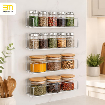 Clear Acrylic Spice Rack Wall Mount, Hanging Seasoning Shelf Holder for Cabinet Door, Cupboard or Kitchen, Adhesive or Screw, 4 Pack, 22.9 cm