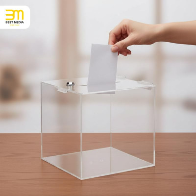 Acrylic Box with Lock, Donation, Promotion, Competition, Plexiglas, Lockable Case, 20 x 20 x 20 cm, Transparent