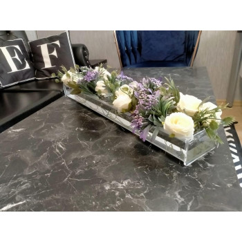 Rectangular Floral Centerpiece for Dining Table, Modern Acrylic Low Floral Vase for Home Decor and Weddings, 61 cm, Clear