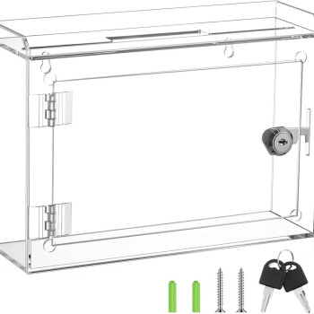 Clear Suggestion Box with Lock and Slot, Safe Acrylic Key Box for Money, Wall Mounted Small Locking Mailbox Ballot Donation, 24.9 x 7.6 x 17.8 cm, Clear