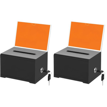 Donation Box with Lock and Key, Acrylic Suggestion Box with Slot and Sign Holder for Fundraising, Voting, Raffle, Tip Jar – Black – 2 Pack – 15.7 × 11.7 × 10.2