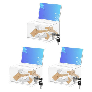 Donation Box with Lock and Key, Acrylic Suggestion Box with Slot and Sign Holder for Fundraising, Voting, Raffle, Tip Jar – Clear – 3 Pack – 15.7 × 11.7 × 10.2